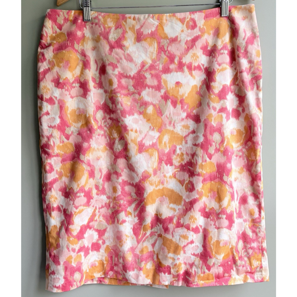 TALBOTS Floral Pencil Skirt Size 16 Pink Multi Cotton Lined Work Office Classic